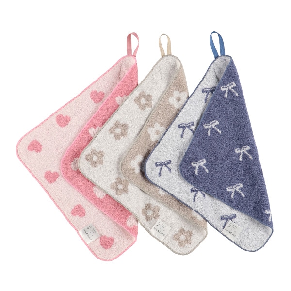 3枚組無撚糸ループ付きタオル（ハート・花・リボン）