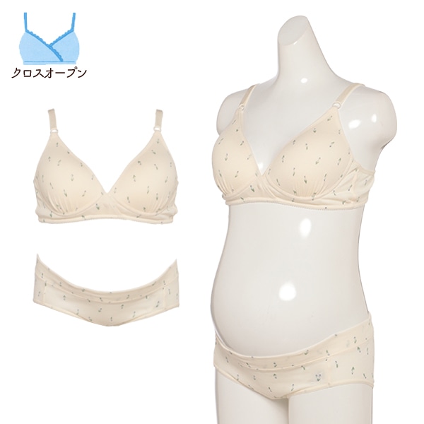 モールドカップ付きクロスオープンブラ＆ローライズショーツセット（花柄）