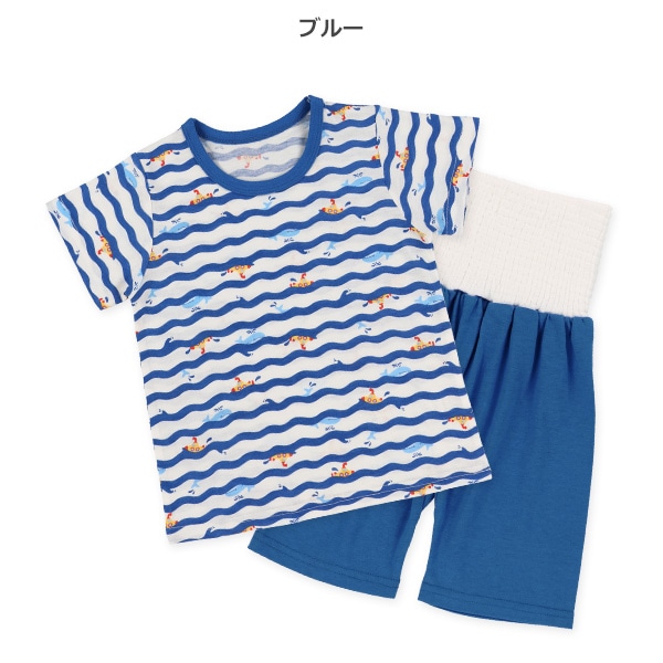 腹巻付き半袖パジャマ（波ボーダー）