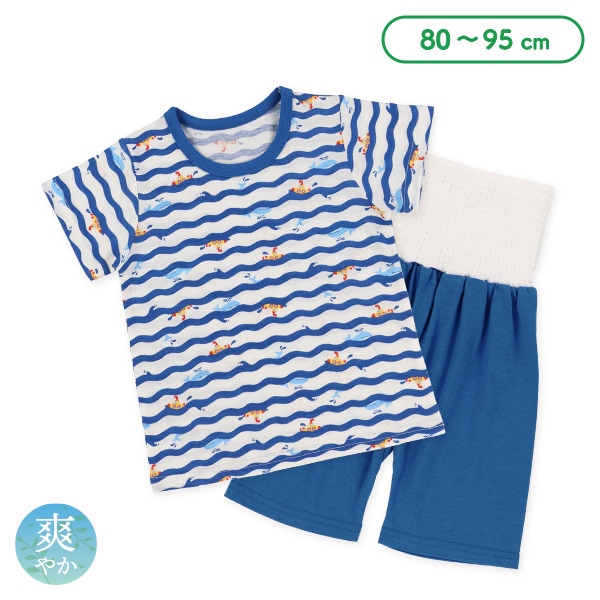 腹巻付き半袖パジャマ（波ボーダー）