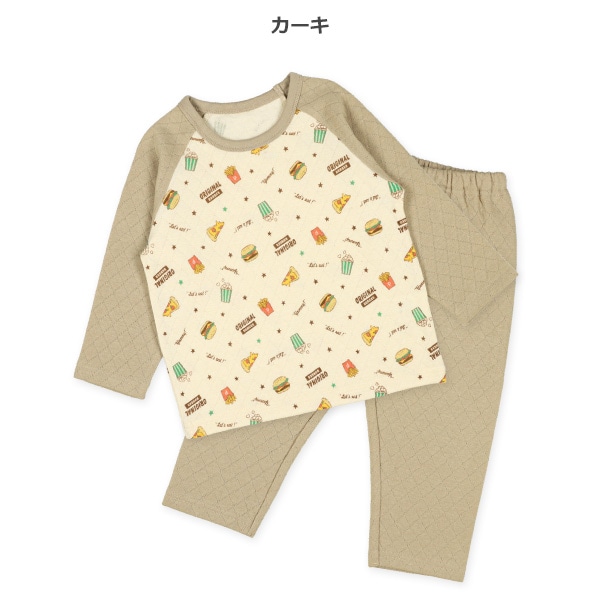 2枚組裏起毛+キルトラグラン長袖パジャマ（ハンバーガー）