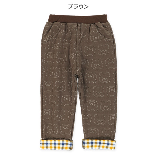 ニットキルト裾チェックくま柄ロングパンツ