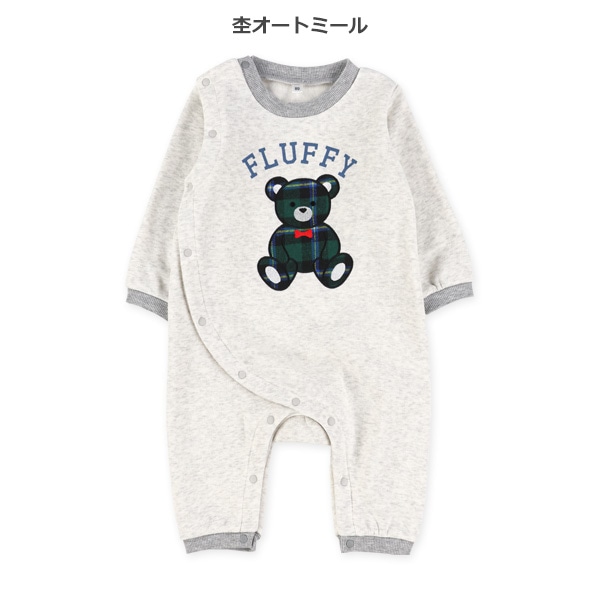 裏起毛くまチェックアップリケ長袖カバーオール