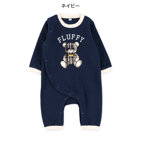 裏起毛くまチェックアップリケ長袖カバーオール