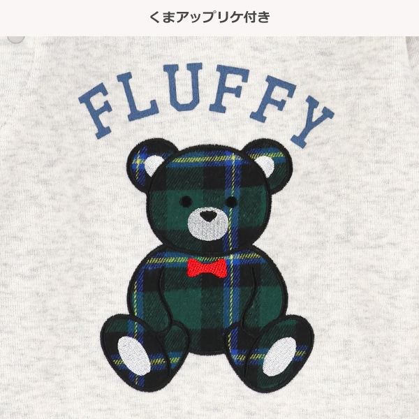 裏起毛くまチェックアップリケ長袖カバーオール