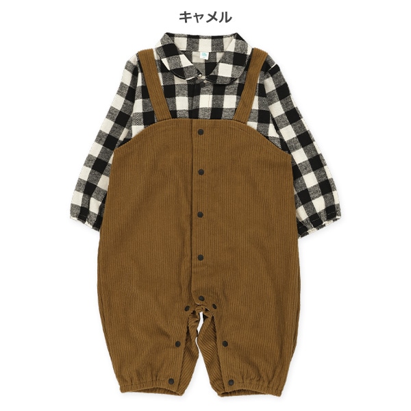 コールテンチェックシャツレイヤード風長袖カバーオール