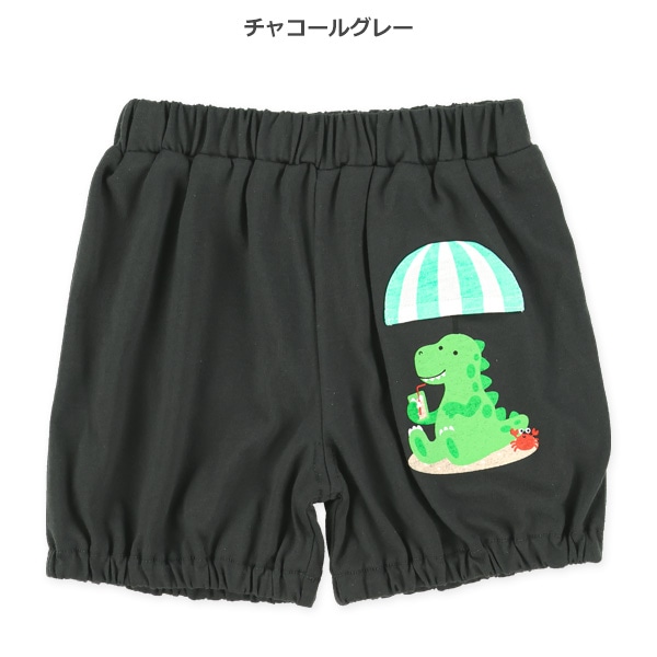 4分丈裾ゴムデザインポケット付き恐竜パンツ