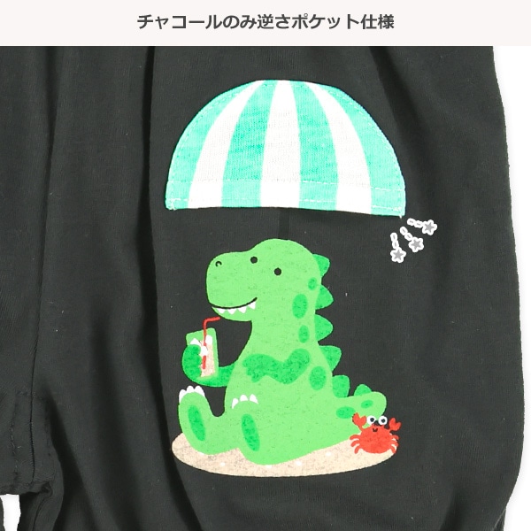 4分丈裾ゴムデザインポケット付き恐竜パンツ