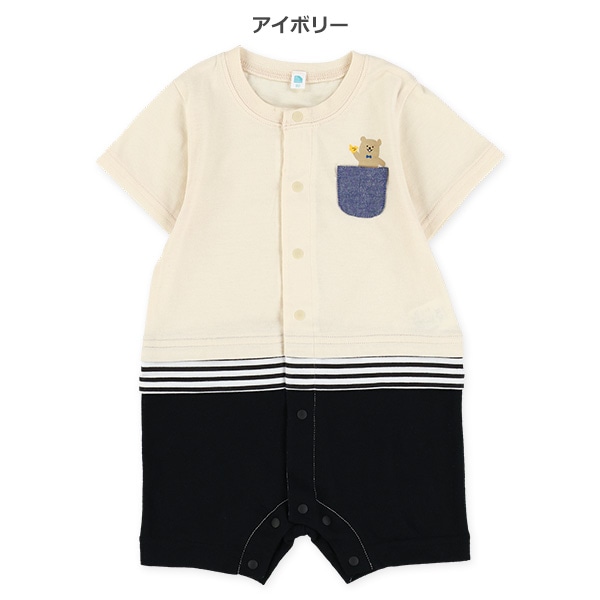 ポケットくま切り替え半袖カバーオール