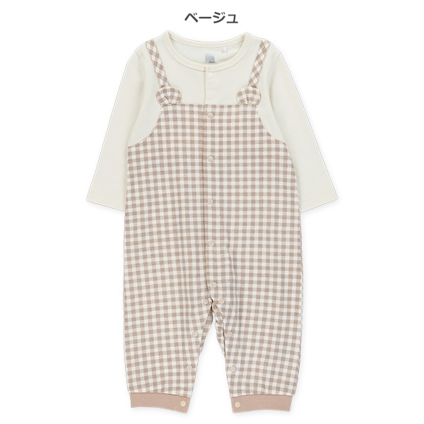 ミニ裏毛チェックサロペットレイヤード風長袖カバーオール