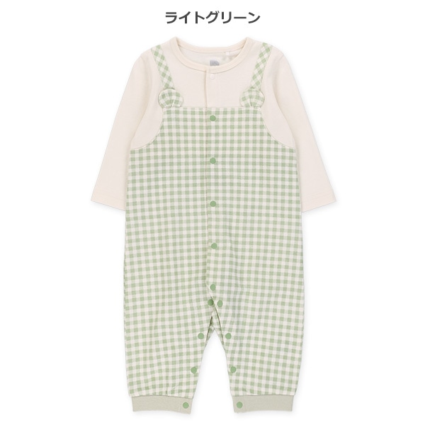 ミニ裏毛チェックサロペットレイヤード風長袖カバーオール