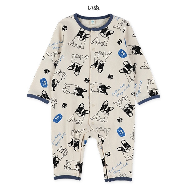 裏毛いぬ・バス総柄長袖カバーオール