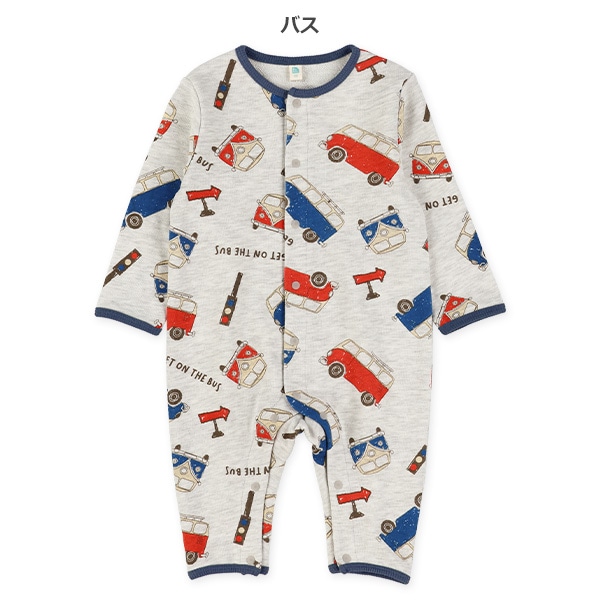 裏毛いぬ・バス総柄長袖カバーオール