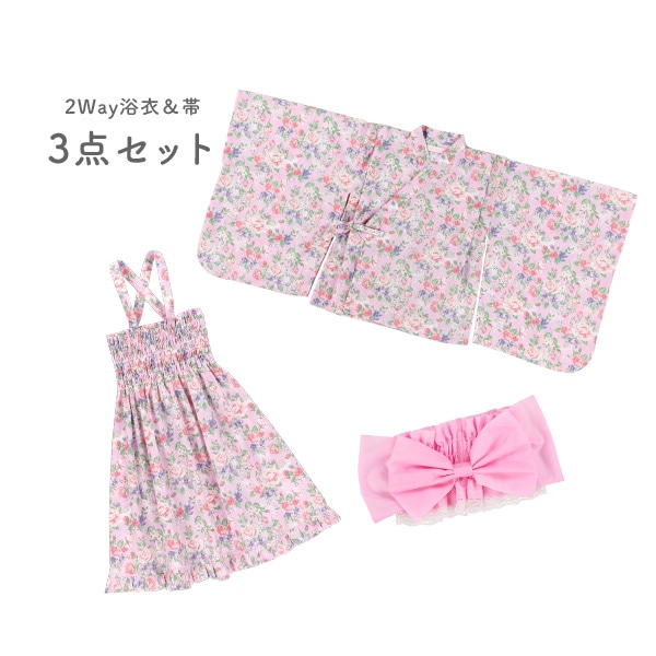 2Way浴衣サンドレス 3点セット（ねことバラ）