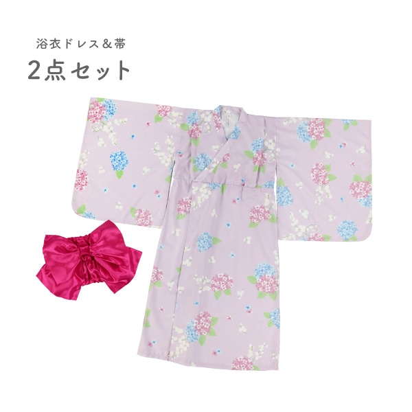 らくらくワンピース型浴衣ドレス 2点セット（紫陽花）