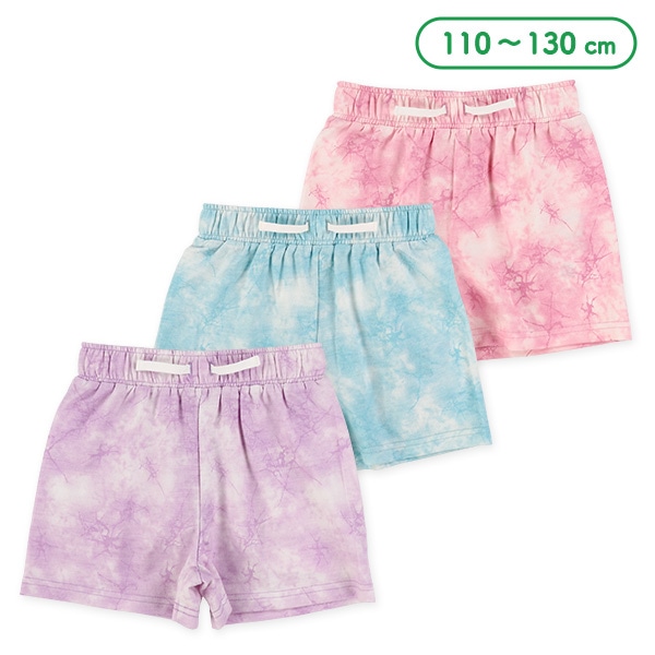 ミニ裏毛飾りヒモ付きタイダイ風ショートパンツ
