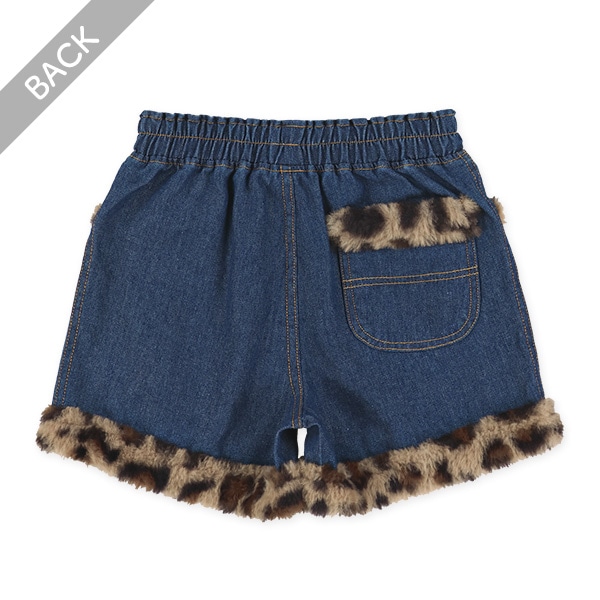 ヒョウ柄ファー付きデニムショートパンツ