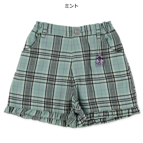 くまチャーム付き裾フリルチェック柄ショートパンツ