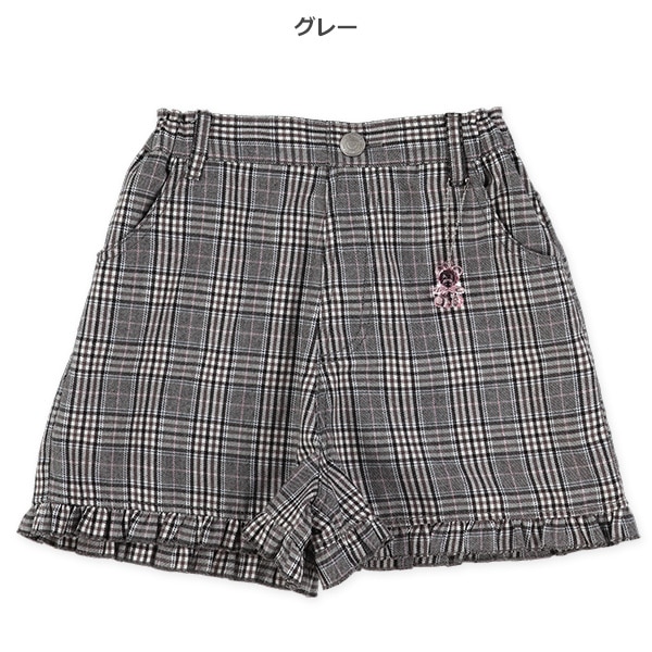 くまチャーム付き裾フリルチェック柄ショートパンツ