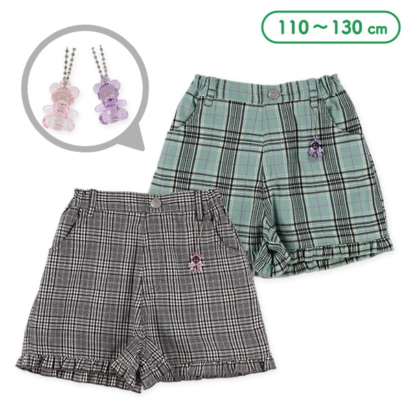 くまチャーム付き裾フリルチェック柄ショートパンツ