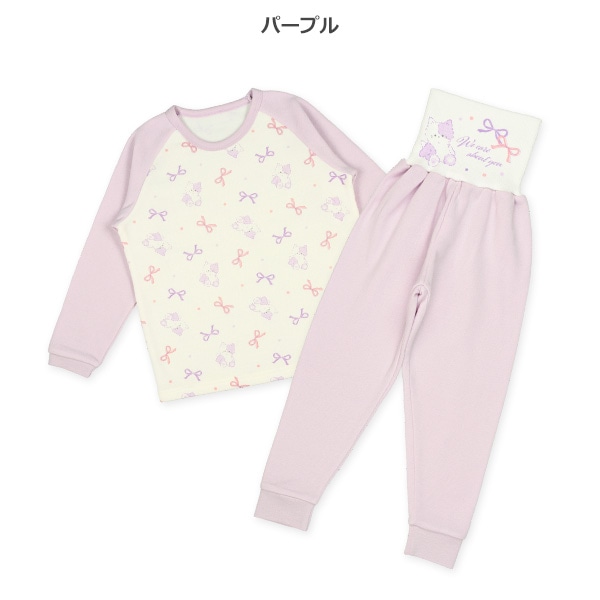 腹巻付き裏起毛ラグラン長袖パジャマ（リボン・ねこ）