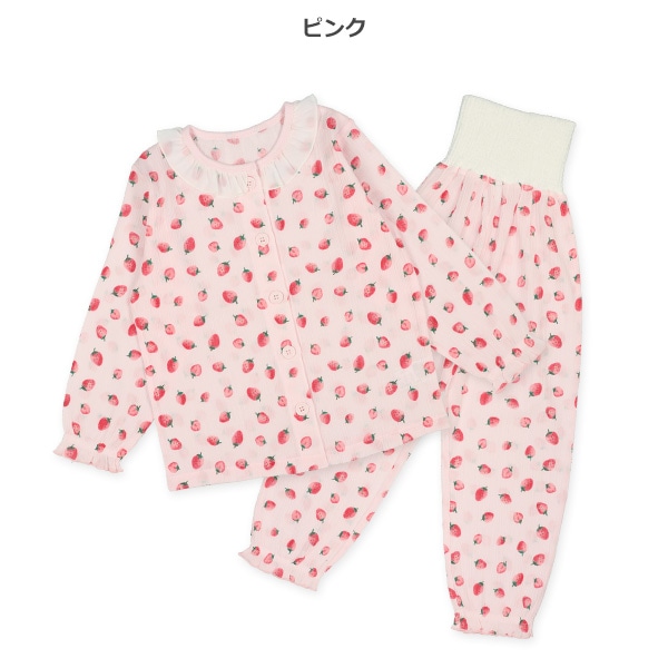 腹巻付き前半開き長袖パジャマ（いちご総柄）