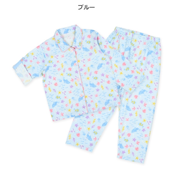 袖ロールアップ前開き長袖パジャマ（海の生き物総柄）