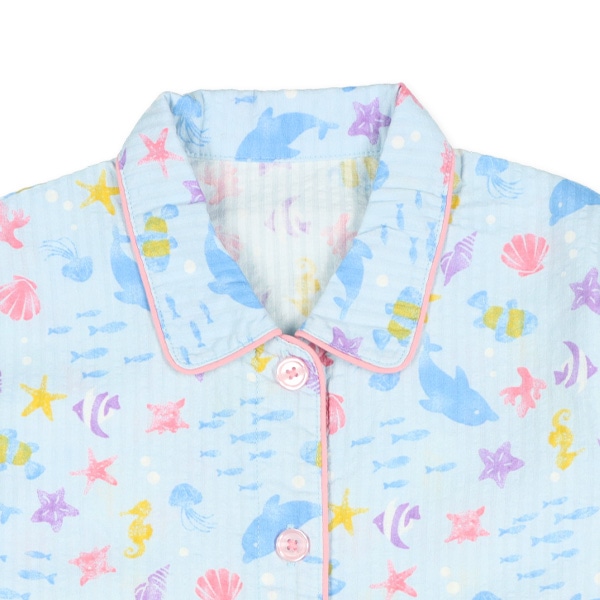 袖ロールアップ前開き長袖パジャマ（海の生き物総柄）