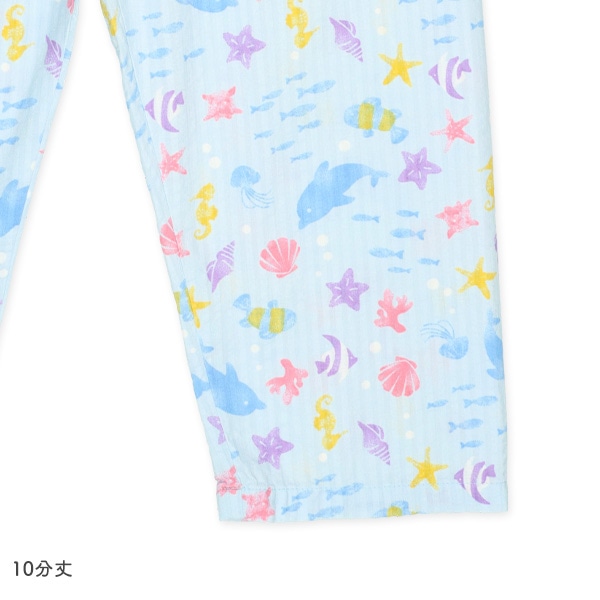 袖ロールアップ前開き長袖パジャマ（海の生き物総柄）
