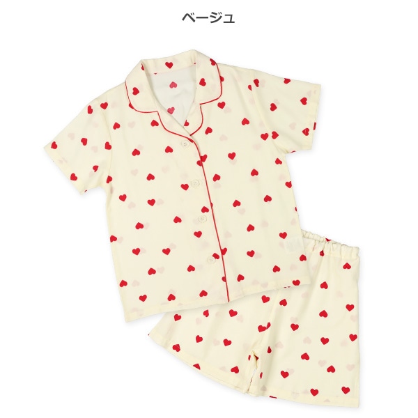前開き半袖パジャマ（パイピング・ハート総柄）