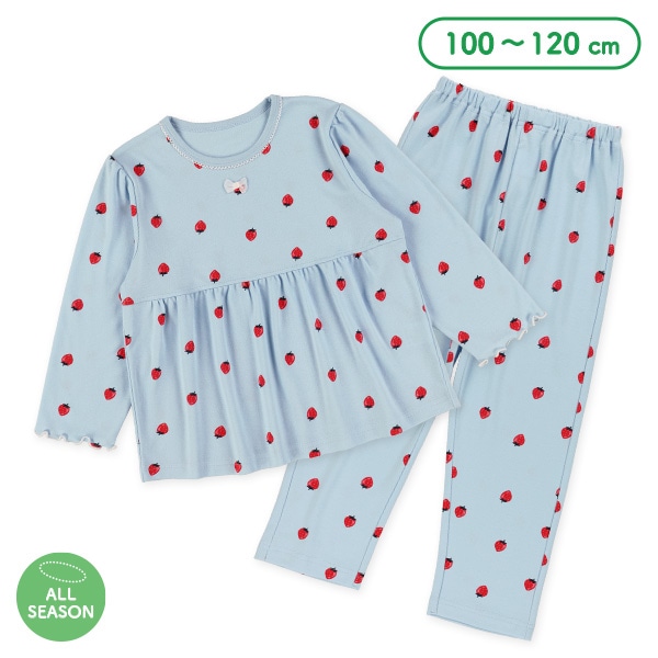 長袖パジャマ（いちご総柄・ヨーク切り替え）