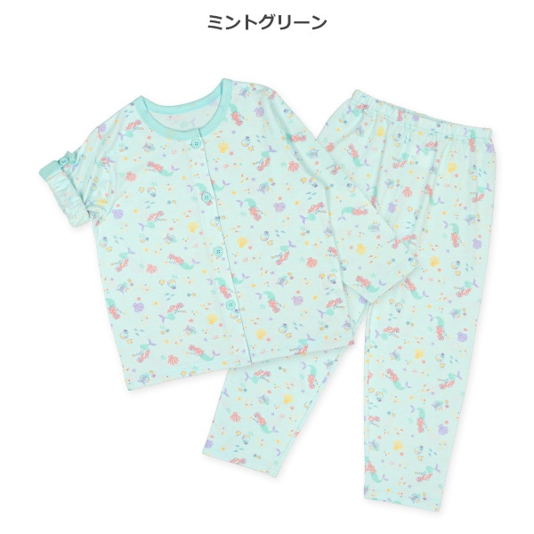 袖ロールアップ前開き長袖パジャマ（マーメイド総柄）