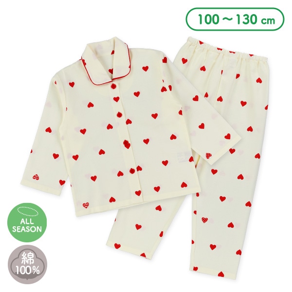 前開き長袖パジャマ（ハート総柄）