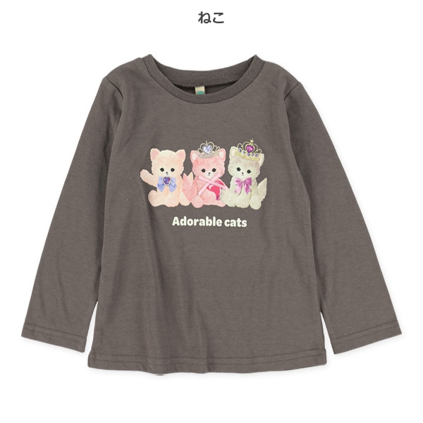 転写プリントねこ・うさぎリボン長袖Tシャツ