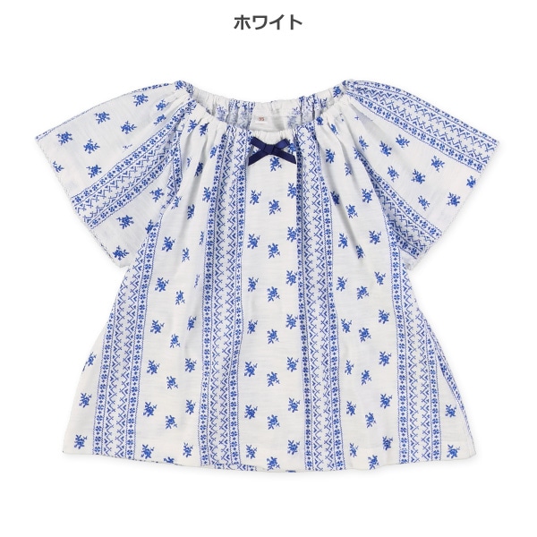 スラブ小花ハートスモック半袖Tシャツ