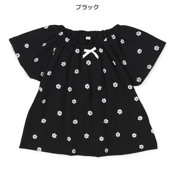スラブ小花ハートスモック半袖Tシャツ