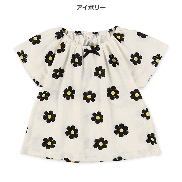 スラブ小花ハートスモック半袖Tシャツ