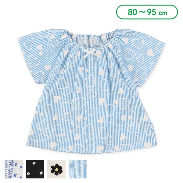 スラブ小花ハートスモック半袖Tシャツ