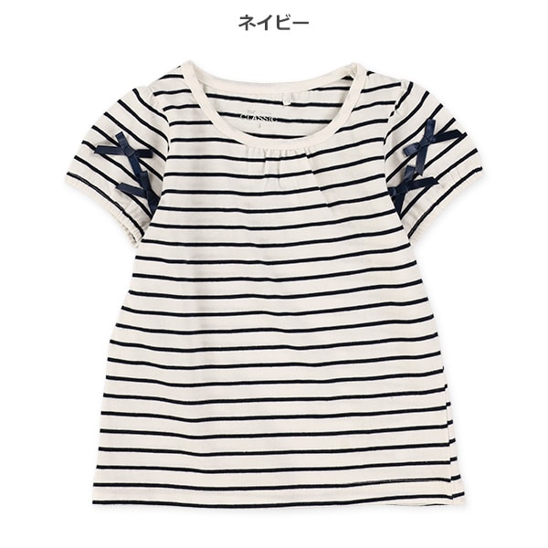 袖リボンボーダー半袖Tシャツ