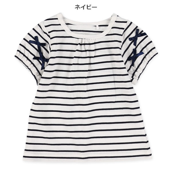 袖リボンボーダー半袖Tシャツ