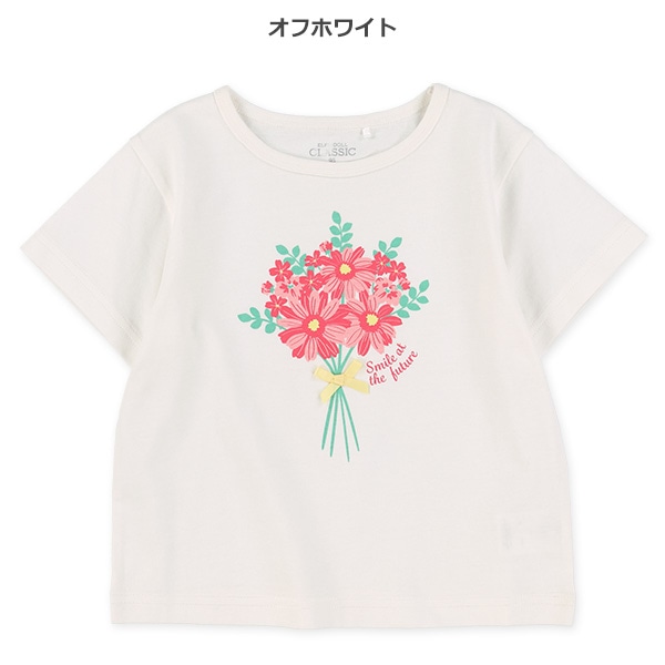 花束プリント飾りリボン付き半袖Tシャツ