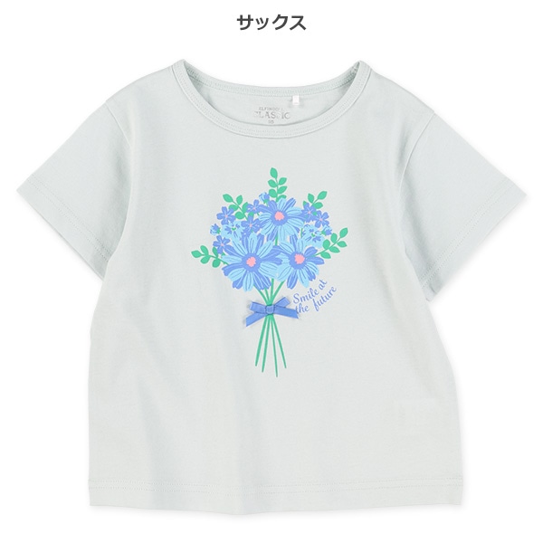 花束プリント飾りリボン付き半袖Tシャツ