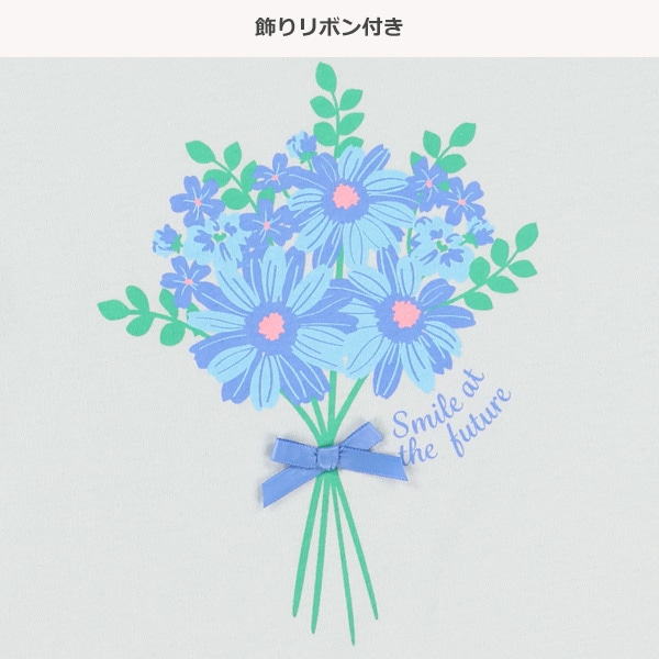花束プリント飾りリボン付き半袖Tシャツ
