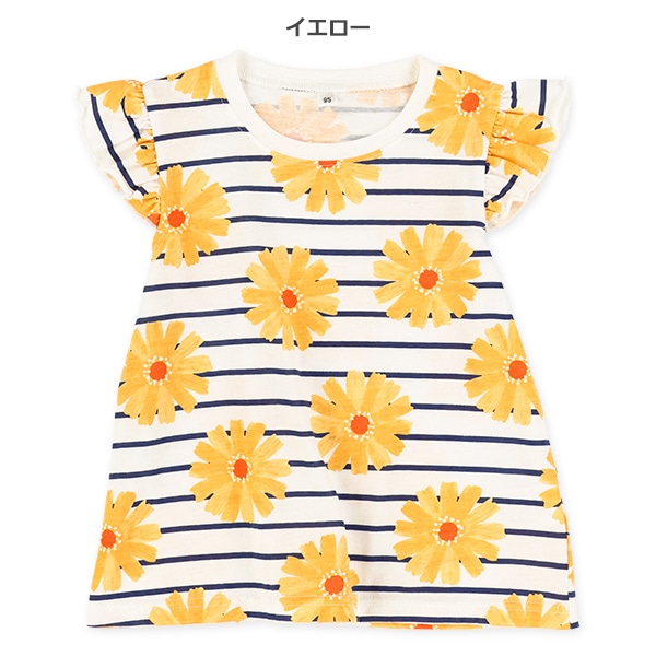 花柄ボーダー袖フリルTシャツ