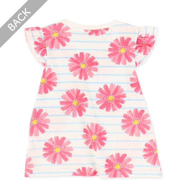 花柄ボーダー袖フリルTシャツ