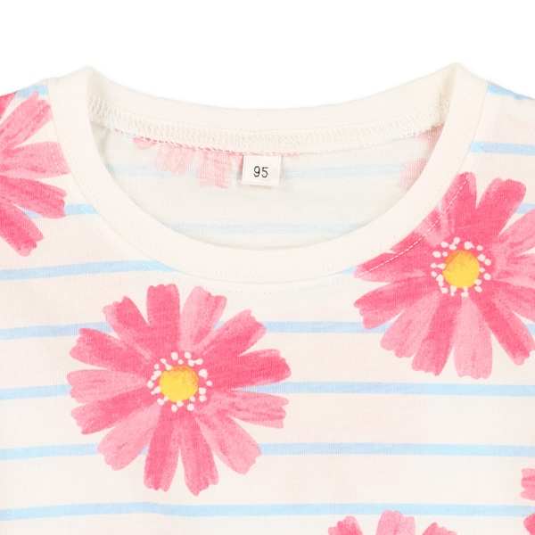 花柄ボーダー袖フリルTシャツ