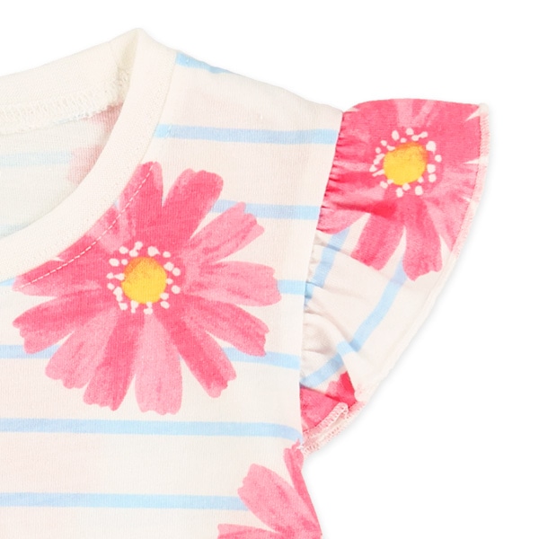 花柄ボーダー袖フリルTシャツ
