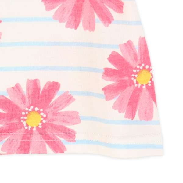 花柄ボーダー袖フリルTシャツ