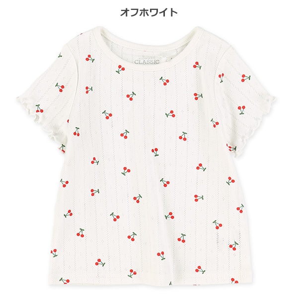 針抜きパターンメッシュさくらんぼ総柄フレンチTシャツ