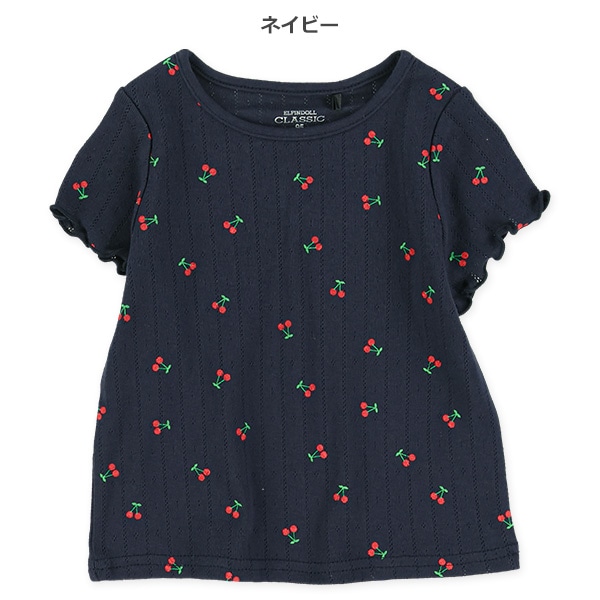 針抜きパターンメッシュさくらんぼ総柄フレンチTシャツ